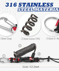 Coiled Lanyard for Scuba Gear with Heavy Duty Stainless Steel Core and TPU Shell Tough as Nails Retractable Safety Cord with Quick Release Buckle and Clip O Ring Ideal for Underwater Cameras and Dive Lights, showing 316 stainless steel and 31cm length