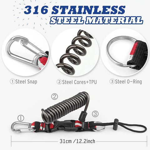 Coiled Lanyard for Scuba Gear with Heavy Duty Stainless Steel Core and TPU Shell Tough as Nails Retractable Safety Cord with Quick Release Buckle and Clip O Ring Ideal for Underwater Cameras and Dive Lights, showing 316 stainless steel and 31cm length