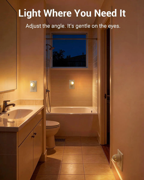 Bathroom with Easy Plug In Dusk To Dawn Night Light With 360 Degree Rotating LED, Auto On Off Sensor, Warm Glow For Kids And Adults
