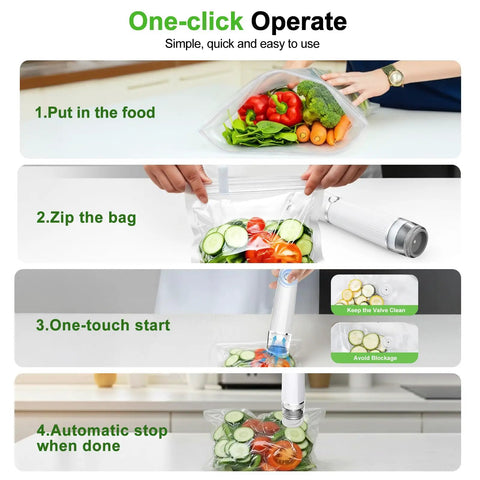 Steps showing Compact Food Vacuum Sealer With 80KPa Suction, 2000mAh Battery, 70 Minute Runtime usage on fresh vegetables