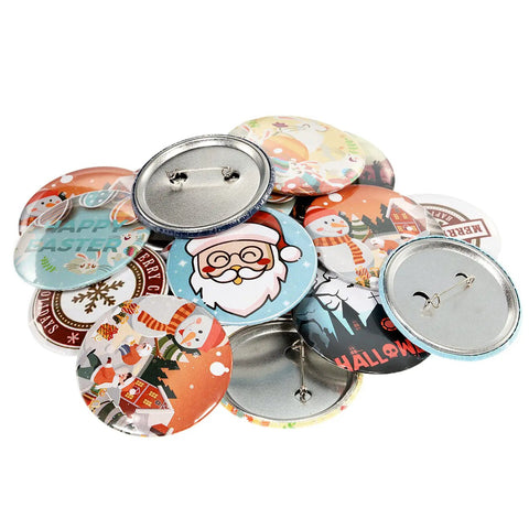 Grab These One Hundred Sets Of Thirty Two Millimeter Button Maker Supplies With Smooth Matte Metal Back Caps shown as assorted festive buttons.