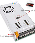 Adjustable DC Power Supply 0 To 24V, 20A Buck Converter with LCD display and 110/220V input, showing side and top view.