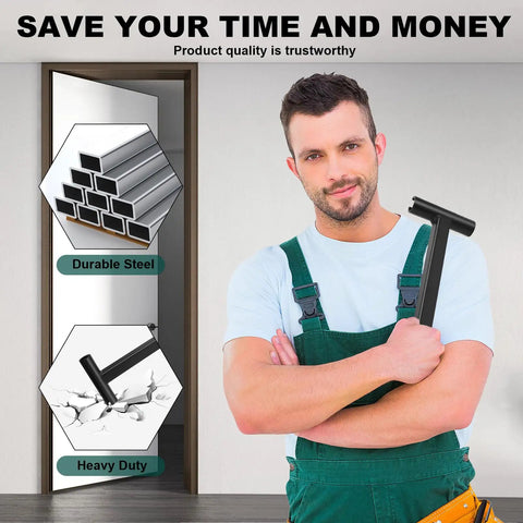Man holding door hinge adjustment tool heavy duty wrench for sagging sticking and misaligned doors 134 and 180 gap quick fix