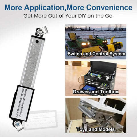 Dope Mini Electric Linear Actuator 1.2 Inch Stroke, 4.5 Lb Thrust, 12V DC with examples of application areas like tools and robotics
