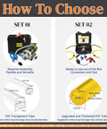 Comparison of two 12V 100W Oil Transfer Pump Set options, showing assembly details and PVC hose specifications for gear oil transfer.