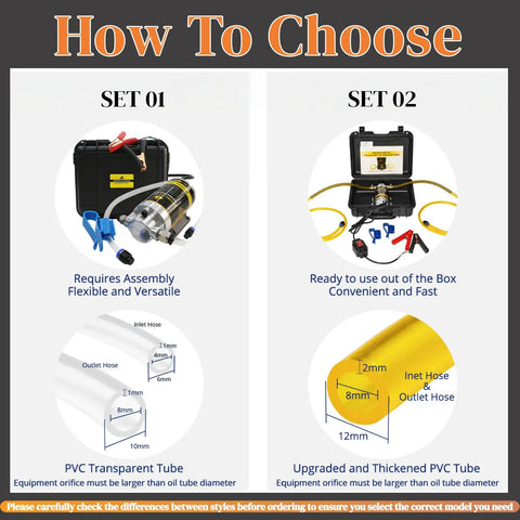 Comparison of two 12V 100W Oil Transfer Pump Set options, showing assembly details and PVC hose specifications for gear oil transfer.