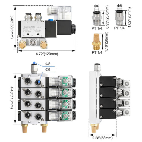 Four Station Solenoid Valve Manifold With 24 Volt DC Power, Five Way Two Position Pneumatic Air Valve, Four Solenoids, Manifold Diagram