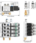 4 Station Solenoid Valve Manifold Kit, 12V DC 5 Way 2 Position Pneumatic Air Valve with 1/4 Inch PT Port, Model 4V21008 dimensions and connectors