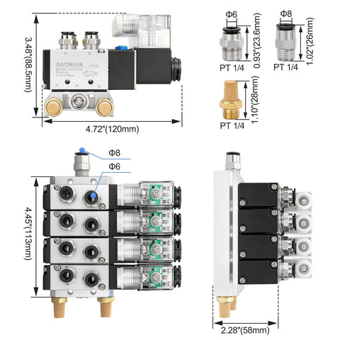 4 Station Solenoid Valve Manifold Kit, 12V DC 5 Way 2 Position Pneumatic Air Valve with 1/4 Inch PT Port, Model 4V21008 dimensions and connectors