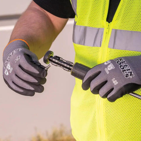 Cut Resistant Work Gloves With Nitrile Coated Grip, HPPE Fabric For Flexibility And Dexterity, Touchscreen Compatible, ANSI A4, XL Size, 2 Pack For Pro Level Handling And All Day Comfort, being used in a construction task