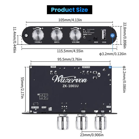 Dimensions and front panel of Bluetooth 5.3 Mono Amplifier Board With TWS Boost For Home And Outdoor DIY Speaker Builds, 100W Output.