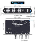 Two Pack Bluetooth 5.3 Mono Amplifier Board With TWS And Boost Circuit For Home And Outdoor DIY Speakers 100W Power Output Treble And Bass USB AUX BT Input DC 9-24V, showing dimensions and controls.
