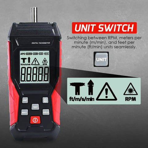 2-In-1 Tachometer With Noncontact Laser And Contact RPM Meter Gauge Tester displaying unit switch options on screen