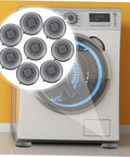 8 Pack Anti Skid Heightening Pads For Washing Machines And Fridges, shown with pads under a washing machine