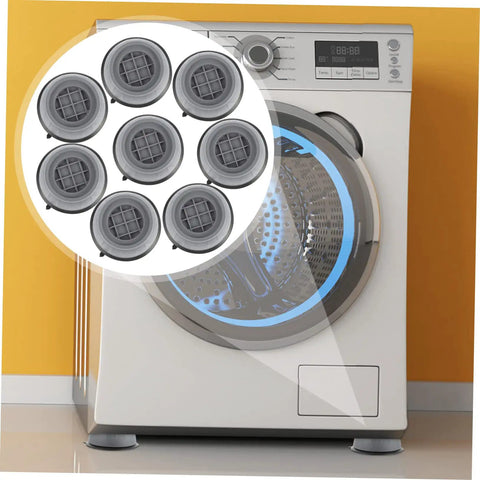 8 Pack Anti Skid Heightening Pads For Washing Machines And Fridges, shown with pads under a washing machine