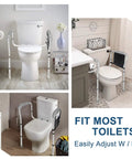 Adjustable Toilet Safety Rails With Grab Bar And Storage Bag for Seniors and Disabled, shown installed in various bathrooms