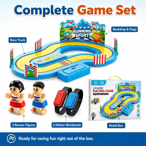 Table Top Running Race Game Toy With Multipurpose Track Motion For Kids And Fam two-player blue and yellow race track with wristbands