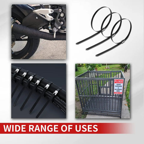 Heavy Duty Stainless Steel Epoxy Coated Zip Ties 11.8 Inches 100 Pack Self Locking Multi Purpose For Cables Pipes Machinery Vehicles Farm And Outdoor Use shown securing items and in outdoor settings.