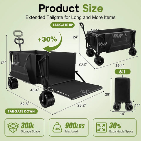 Dimensions of the Beefy 49 Inch Folding Wagon Cart Heavy Duty 900 Lb Capacity With 300L Extra Large Cargo Space All Terrain Wheels.