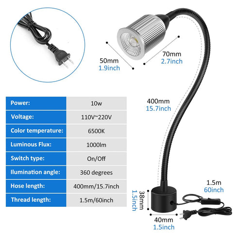 10W Magnetic LED Work Light With Flexible Gooseneck And Magnetic Base 1000 Lumen 6500K White Light For Workbench Lathe Sewing Machine.