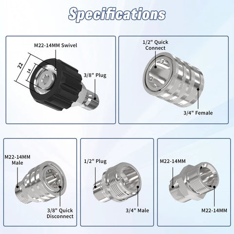 Front view of APOWER stainless steel 9-piece pressure washer quick-connect kit with M22-14mm to 3/8 in adapters.