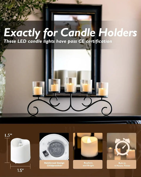 Display of 12 Pack Timer Flameless LED Votive Candles for Weddings with Auto On Off 6H 18H on black candle holder