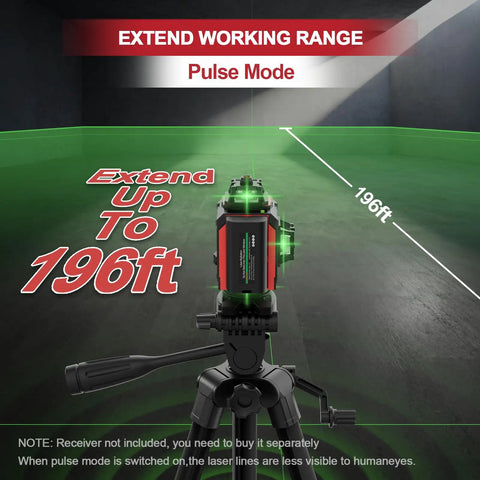 4D 16 Line Laser Level With 4x360 Degree Coverage Self Leveling Green Beam Pro Grade Tripod And Remote Cross Line Construction Tool For Flooring Renovations And Home Projects on tripod in pulse mode, extend up to 196 ft