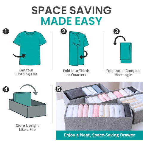 Instructions for using the Deep Dresser Drawer Organizers 4 Pack Slick Fabric Closet Bins for neat storage.