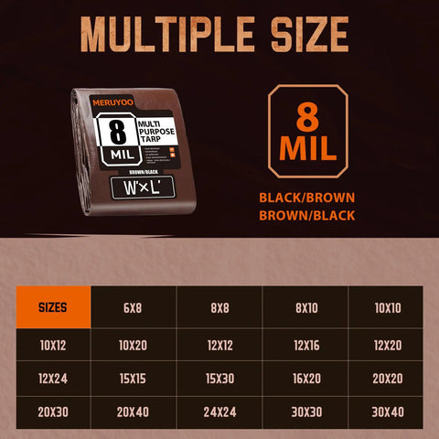 Chart showing multiple sizes of 8x8 Ft 8 Mil Waterproof Poly Tarp With UV Resistant And Tear Resistant Reversible Design