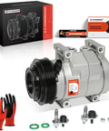 Heavy Duty AC Compressor With Clutch And Precharged PAG46 Oil Fits Jeep Grand Cherokee Chrysler 300 Dodge Durango 3.6L V6 in silver with accessories.