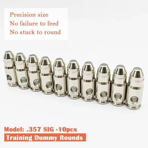 Ten bright silver Steel Safety Practice Rounds For Dry Fire Training, Action Trainer Dummy Rounds For Pistol Caliber 357 SIG