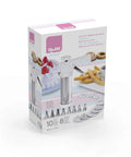 Pro Grade Stainless Steel Cookie Press Gun Kit With 10 Disc Variations And 8 Interchangeable Nozzles Dishwasher Safe 18/10 Inox Made In Spain Ideal For Piping Pretty Holiday Cookies And Desserts shown in packaging