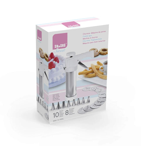 Pro Grade Stainless Steel Cookie Press Gun Kit With 10 Disc Variations And 8 Interchangeable Nozzles Dishwasher Safe 18/10 Inox Made In Spain Ideal For Piping Pretty Holiday Cookies And Desserts shown in packaging
