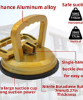 Workhorse Heavy Duty Aluminum Suction Cup With Handle for Glass and Tile Lifting, showing gold-tone body and grip pad details.