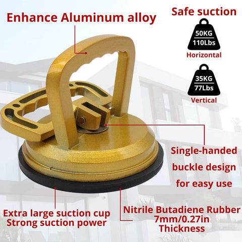 Workhorse Heavy Duty Aluminum Suction Cup With Handle for Glass and Tile Lifting, showing gold-tone body and grip pad details.