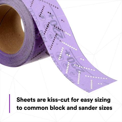 Cubitron II Hookit Abrasive Sheet Roll For Auto Body Repair, multi-hole sandpaper roll 70 mm x 12 m showing kiss-cut design