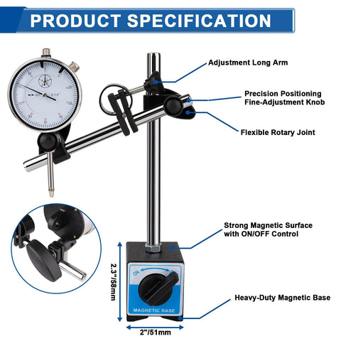 Rpeconu dial indicator with magnetic base on stand; 0–1 in range, 0.001 in resolution for workshop and lab use