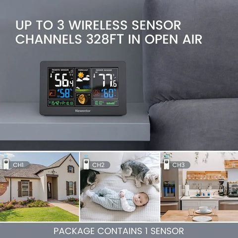 Image of Must Have Wireless Weather Station With Color LCD Display Indoor Outdoor Thermometer Atomic Clock Barometric Pressure Forecast Moon Phase Adjustable Backlight Alarm Clock Snooze Seven Point Five Inch Screen Black on a desk with sensor channel options for indoor and outdoor conditions.
