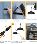Installation guide for Dual Color Solar Shed Lights 2 Pack With Remote, Indoor Outdoor Waterproof Pendant Lamps shown in steps.