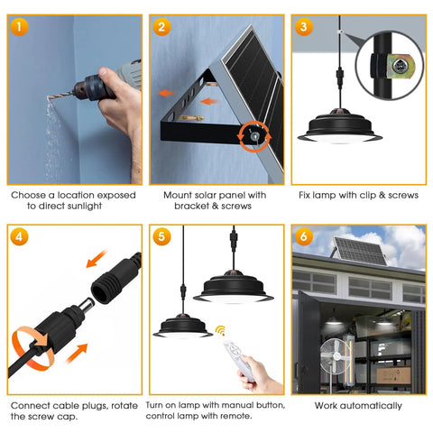 Installation guide for Dual Color Solar Shed Lights 2 Pack With Remote, Indoor Outdoor Waterproof Pendant Lamps shown in steps.