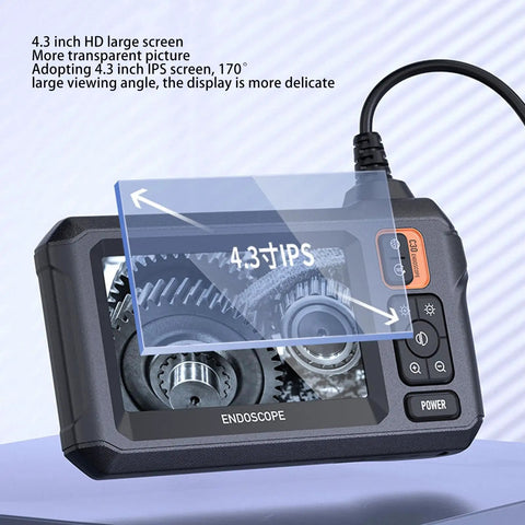 Industrial Endoscope 1080P HD 8mm Borescope With 4.3 Inch Screen showcasing gear details with 16.4 Ft Cable for repairs.