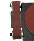 Close-up of the sanding belt on the Mini Belt Sander With 6 Inch Sanding Disc and Spindle Tool, perfect for woodworking.