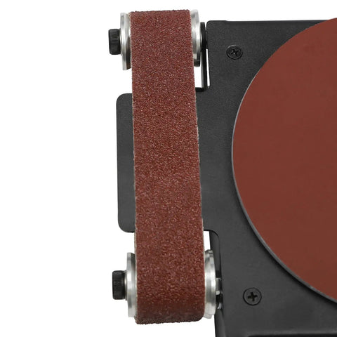 Close-up of the sanding belt on the Mini Belt Sander With 6 Inch Sanding Disc and Spindle Tool, perfect for woodworking.