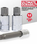 Close-up of S2 steel bit from XZN Triple Square Bit Set Pro Grade 20 Piece Extra Long 4 Inch Spline Socket Kit.
