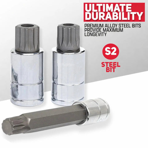 Close-up of S2 steel bit from XZN Triple Square Bit Set Pro Grade 20 Piece Extra Long 4 Inch Spline Socket Kit.