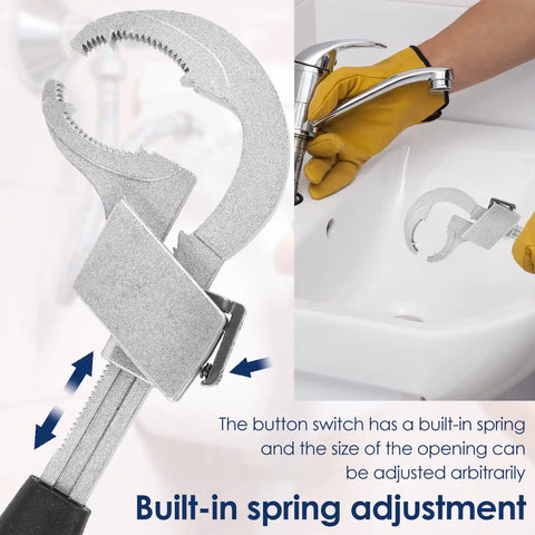 Universal Adjustable Double End Wrench For Faucets And Plumbing All In One Basin Nut Tool with built-in spring adjustment in use