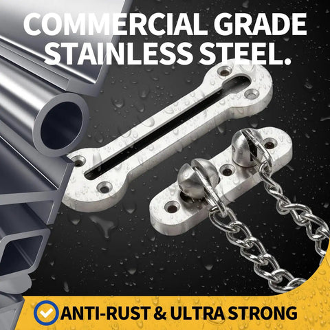 Beefy Heavy Duty Screen Door Latch 304 Stainless Steel with welded chain for security, shown in silver finish, commercial grade stainless steel.