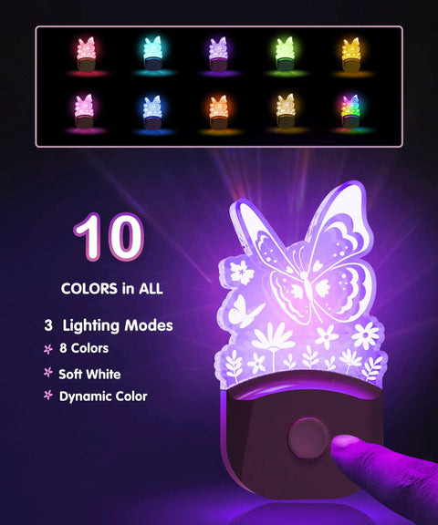 Led Kids Night Light Butterfly With 8 RGB Color Changing Lights, Dusk To Dawn Sensor, glowing in purple light.