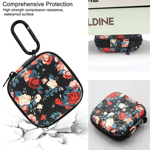 Premium Rugged Hard Eva Earbud Case With Sturdy Carabiner Loop For Wireless Headsets And AirPods Compatible Shockproof Travel Pouch Vintage Rose Hella Cool on a cracked surface.