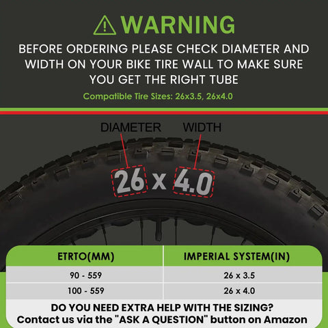 Fat Bike Inner Tube 26x4.0 With Schrader Valve 32mm, Heavy Duty E Bike Tube For 26 Inch Tires 3.5 To 4.0 Wide showing 26x4 sizing guide